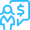 Icon of a person next to a speech bubble with a dollar sign. The icon is in blue on a transparent background.
