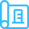 A blue icon of an architectural blueprint with a rolled-up corner. The design includes a simplified floor plan with walls and a rectangular detail in the center.
